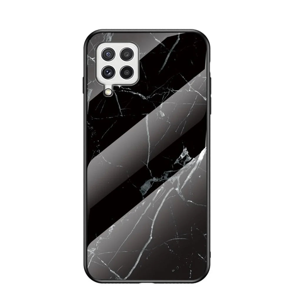 Tempered Glass Marble Pattern Shockproof Hybrid Protective Phone Hard PC Soft TPU Cover for Samsung Galaxy A22 4G (EU Version) - Black Marble - 1