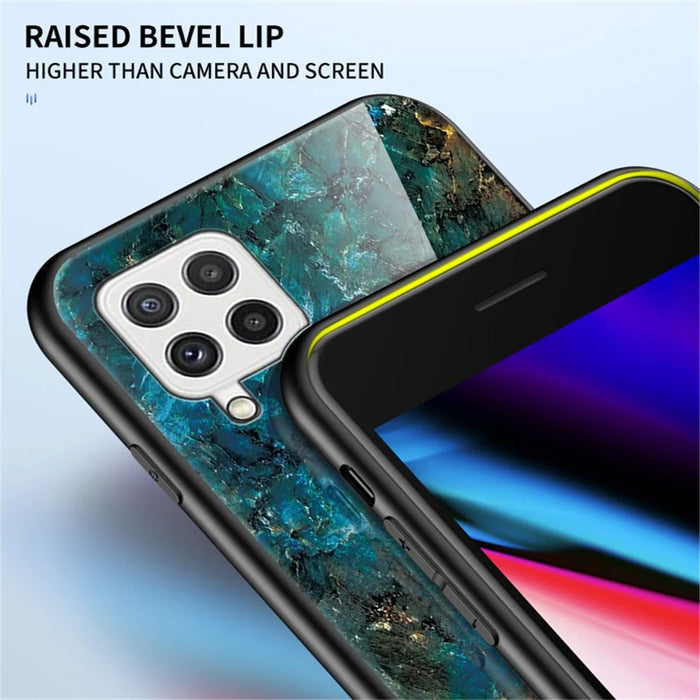 Tempered Glass Marble Pattern Shockproof Hybrid Protective Phone Hard PC Soft TPU Cover for Samsung Galaxy A22 4G (EU Version) - Black Marble - 3