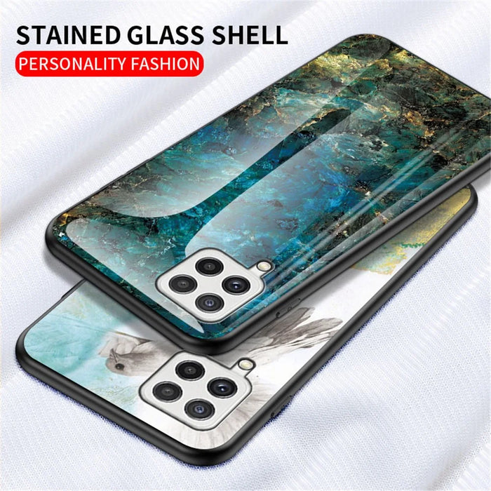 Tempered Glass Marble Pattern Shockproof Hybrid Protective Phone Hard PC Soft TPU Cover for Samsung Galaxy A22 4G (EU Version) - Black Marble - 5