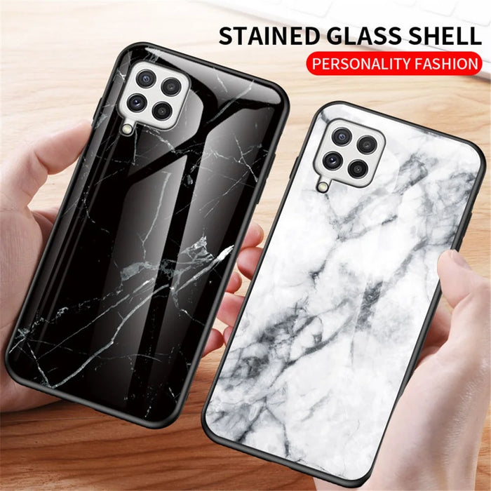 Tempered Glass Marble Pattern Shockproof Hybrid Protective Phone Hard PC Soft TPU Cover for Samsung Galaxy A22 4G (EU Version) - Black Marble - 7
