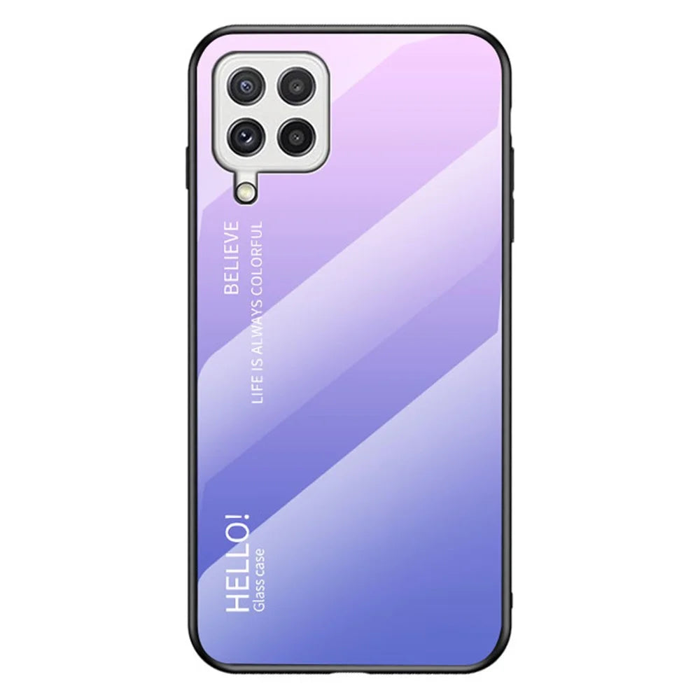 Tempered Glass Design Gradient Color Pattern TPU Frame Hybrid Shockproof Phone Case for Samsung Galaxy A22 4G (EU Version) - Gradient Pink Purple - 1