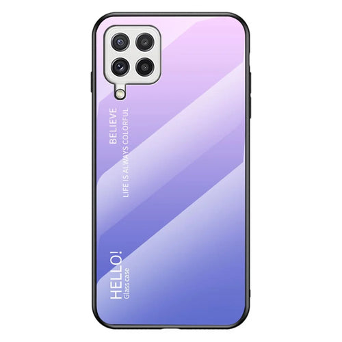 Tempered Glass Design Gradient Color Pattern TPU Frame Hybrid Shockproof Phone Case for Samsung Galaxy A22 4G (EU Version) - Gradient Pink Purple - 1