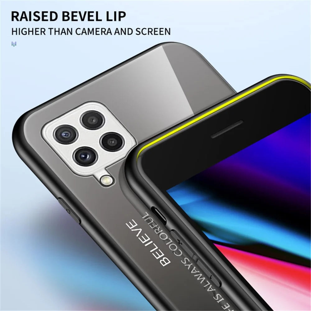 Tempered Glass Design Gradient Color Pattern TPU Frame Hybrid Shockproof Phone Case for Samsung Galaxy A22 4G (EU Version) - Gradient Pink Purple - 3
