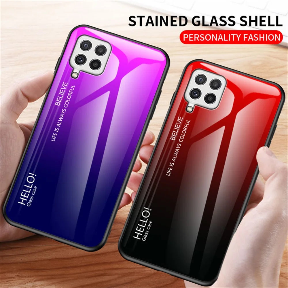 Tempered Glass Design Gradient Color Pattern TPU Frame Hybrid Shockproof Phone Case for Samsung Galaxy A22 4G (EU Version) - Gradient Pink Purple - 4