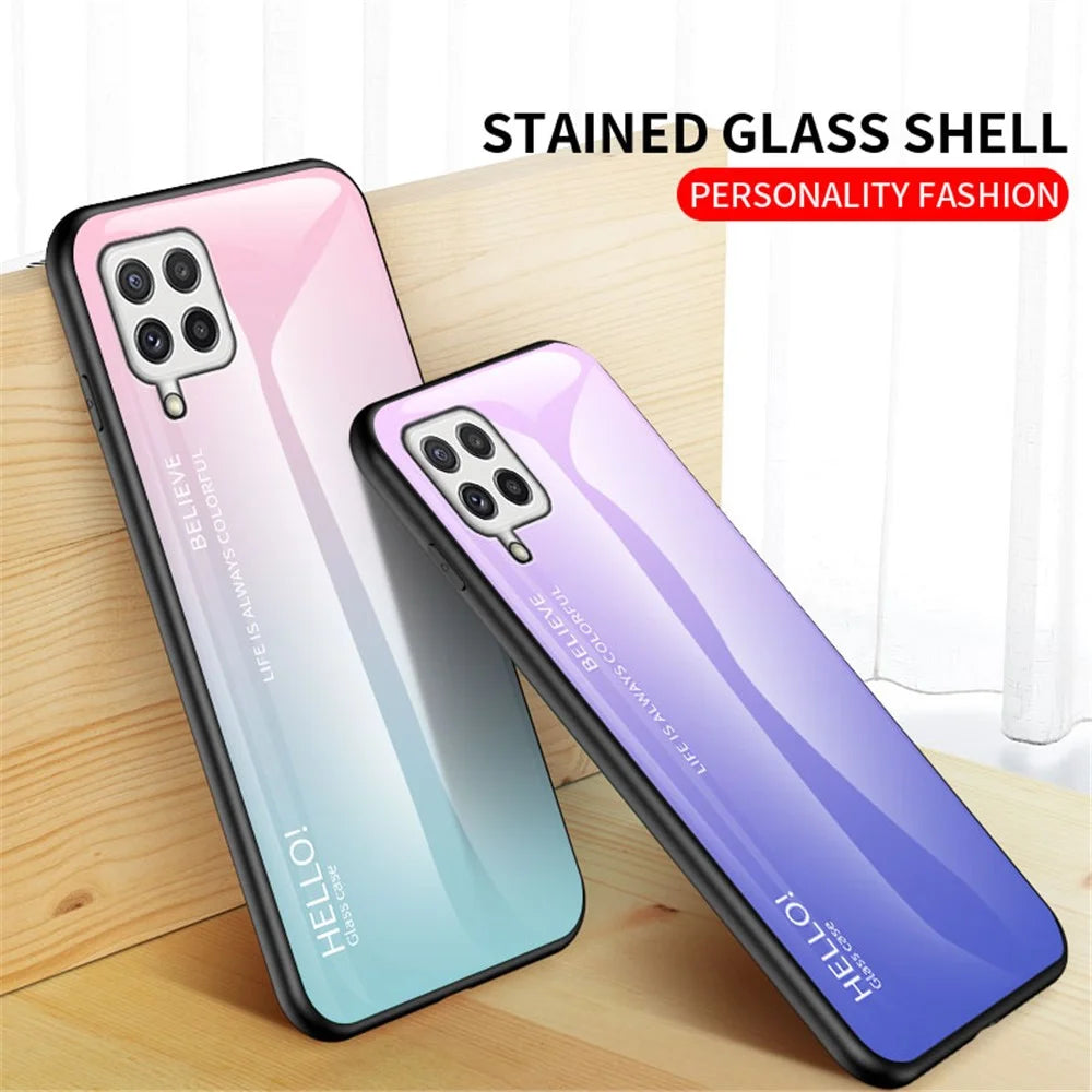 Tempered Glass Design Gradient Color Pattern TPU Frame Hybrid Shockproof Phone Case for Samsung Galaxy A22 4G (EU Version) - Gradient Pink Purple - 5