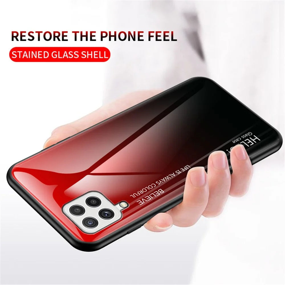 Tempered Glass Design Gradient Color Pattern TPU Frame Hybrid Shockproof Phone Case for Samsung Galaxy A22 4G (EU Version) - Gradient Pink Purple - 6