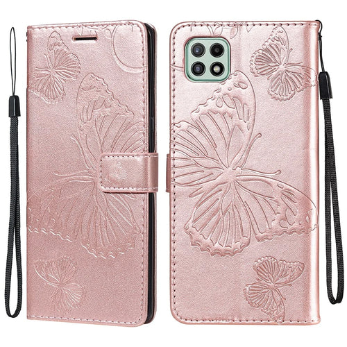 For Samsung Galaxy A22 5G (EU) Wallet Case Floral Butterfly Imprinted Leather Phone Cover Stand - Rose Gold - 1