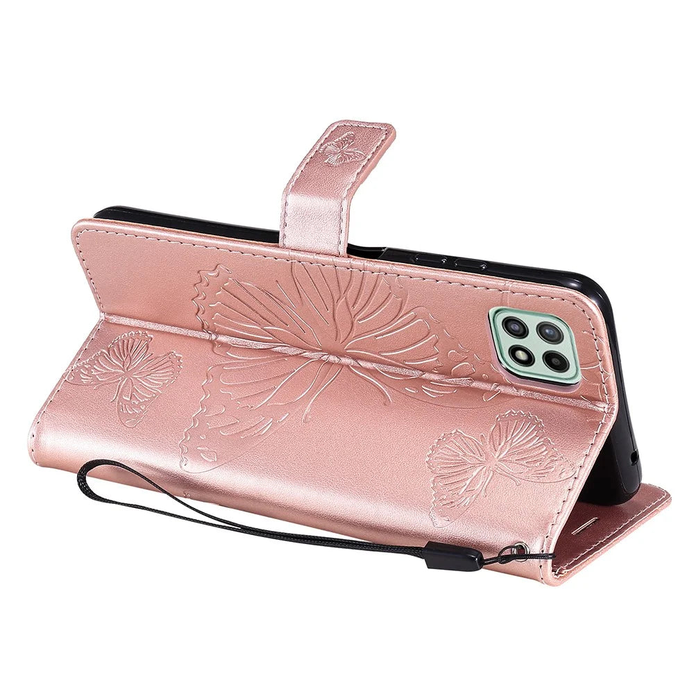 For Samsung Galaxy A22 5G (EU) Wallet Case Floral Butterfly Imprinted Leather Phone Cover Stand - Rose Gold - 5