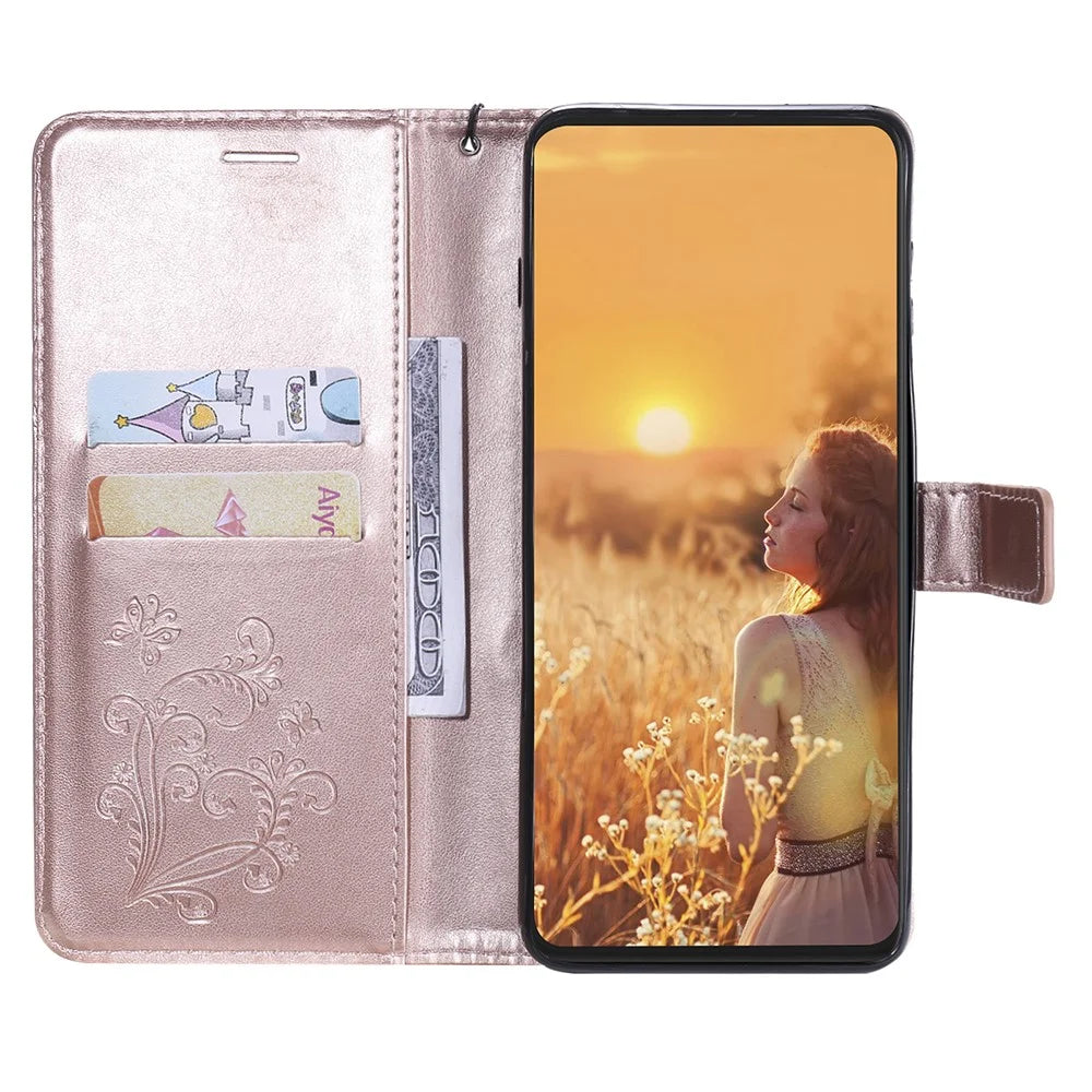 For Samsung Galaxy A22 5G (EU) Wallet Case Floral Butterfly Imprinted Leather Phone Cover Stand - Rose Gold - 7
