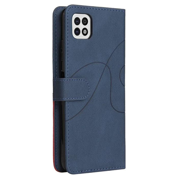 For Samsung Galaxy A22 5G (EU Version) Leather Case Wallet Stand Color Splicing Phone Cover - Blue - 6