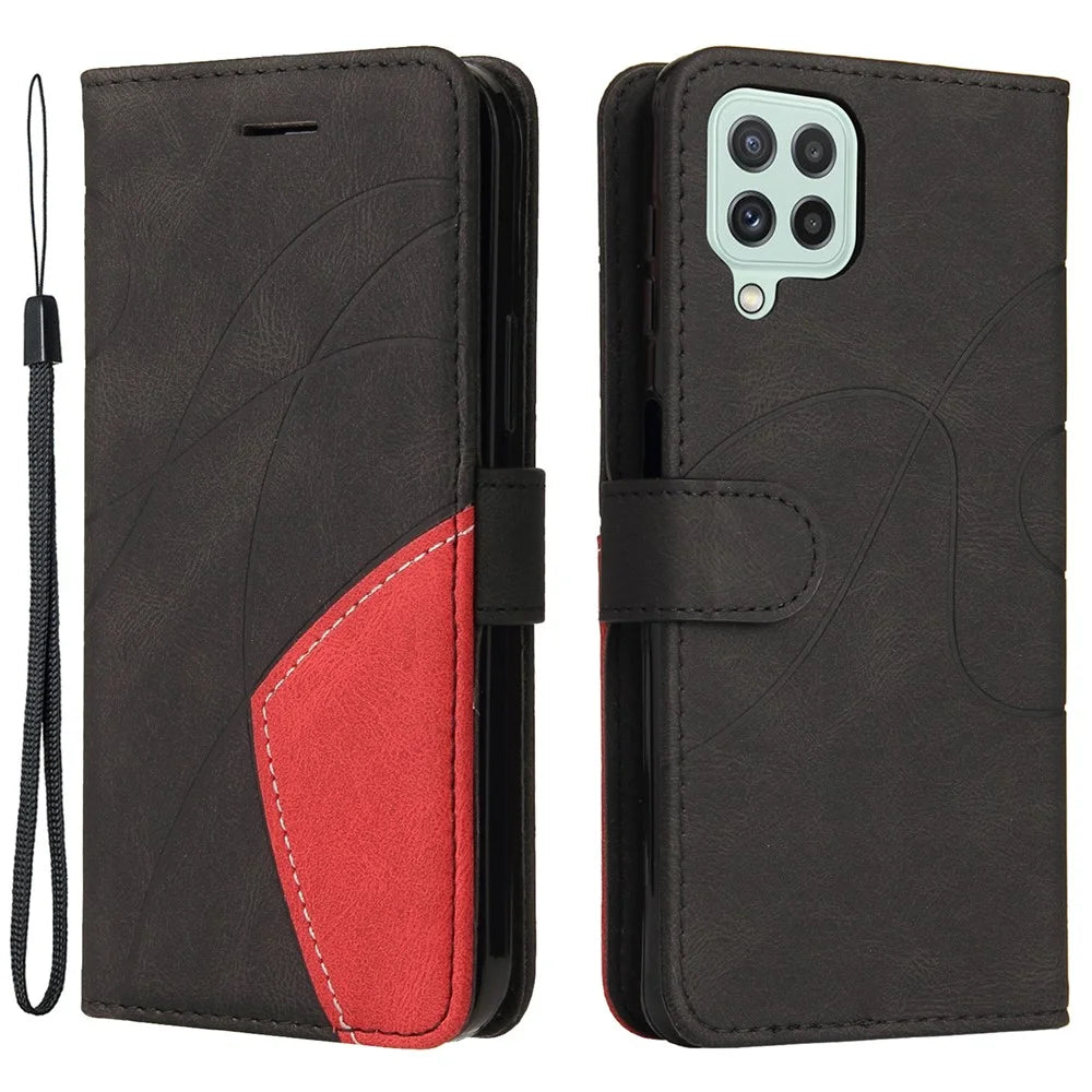 For Samsung Galaxy A22 4G (EU Version) Leather Case Wallet Stand Color Splicing Phone Cover - Black - 1