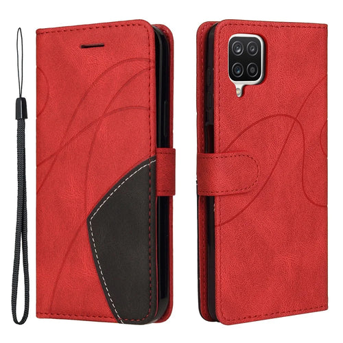 For Samsung Galaxy A12 Leather Case Wallet Stand Color Splicing Phone Cover - Red - 1