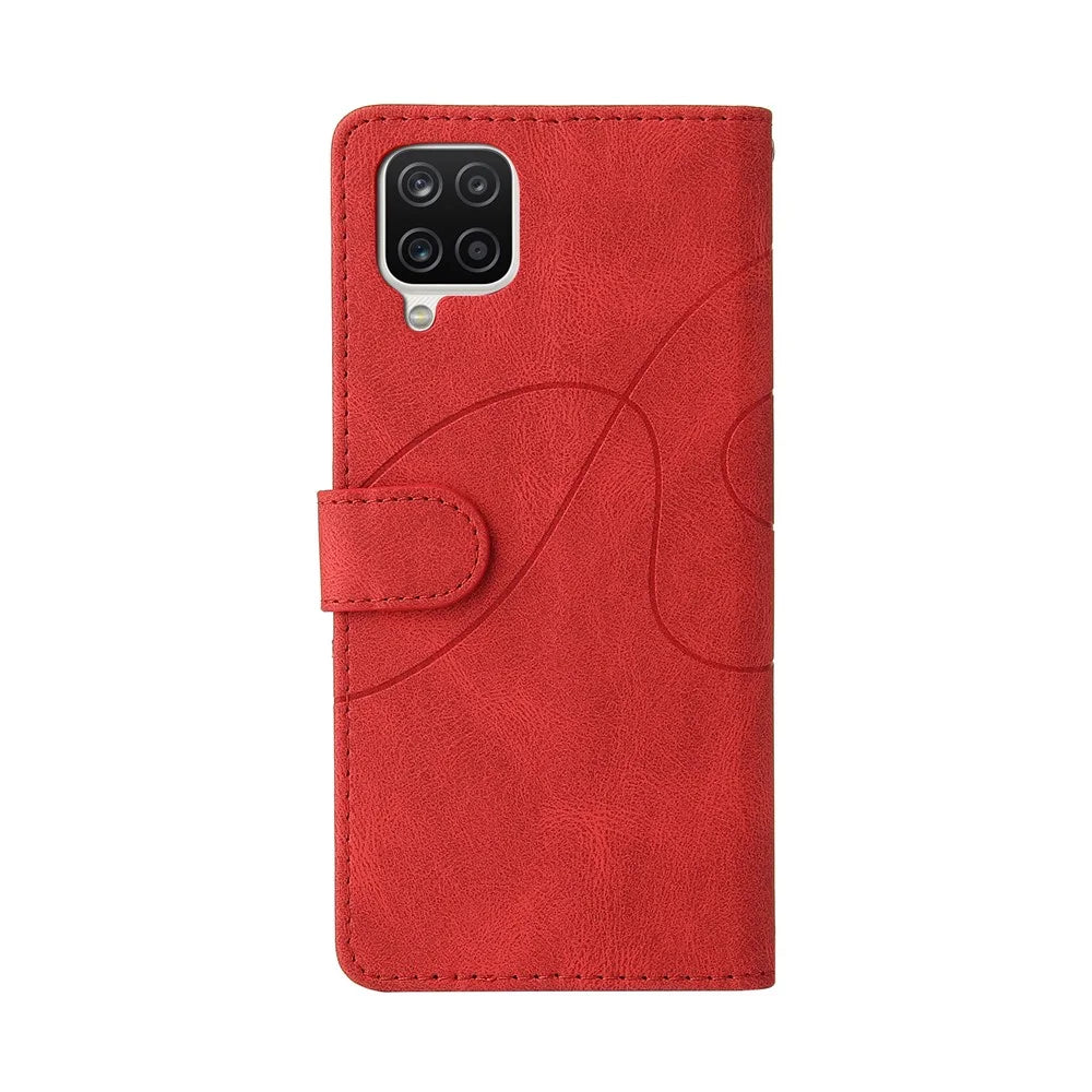 For Samsung Galaxy A12 Leather Case Wallet Stand Color Splicing Phone Cover - Red - 3