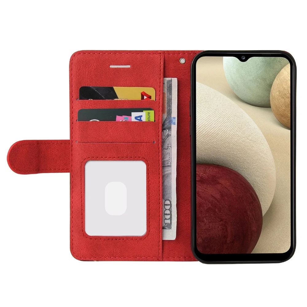 For Samsung Galaxy A12 Leather Case Wallet Stand Color Splicing Phone Cover - Red - 4
