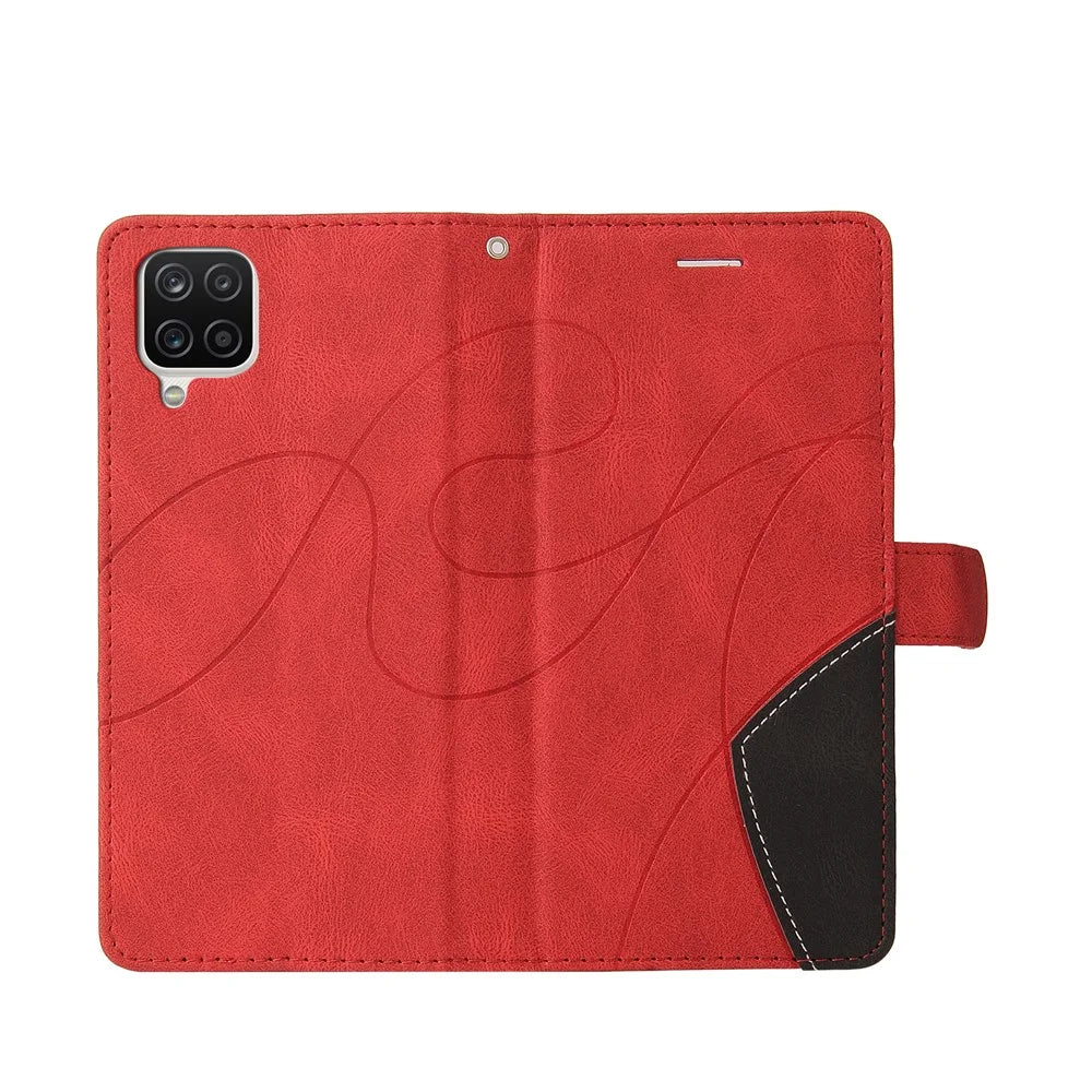For Samsung Galaxy A12 Leather Case Wallet Stand Color Splicing Phone Cover - Red - 6