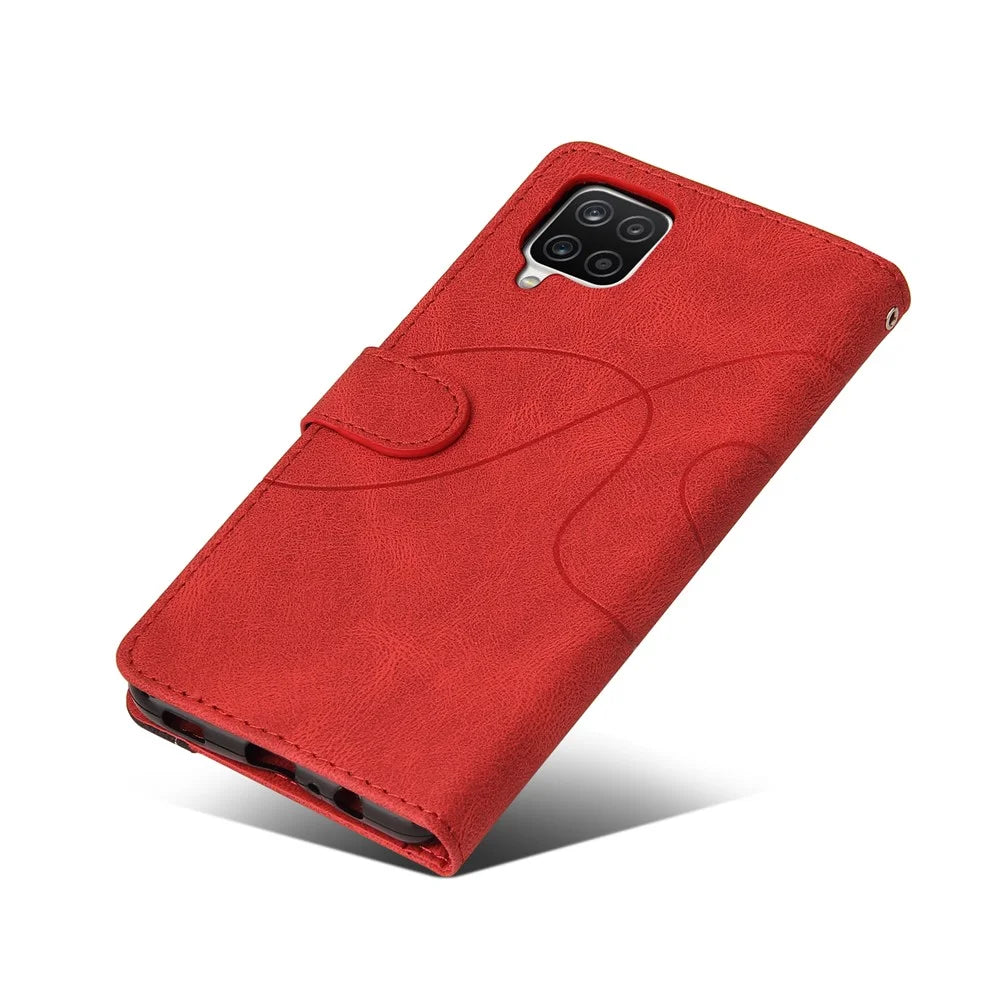 For Samsung Galaxy A12 Leather Case Wallet Stand Color Splicing Phone Cover - Red - 7