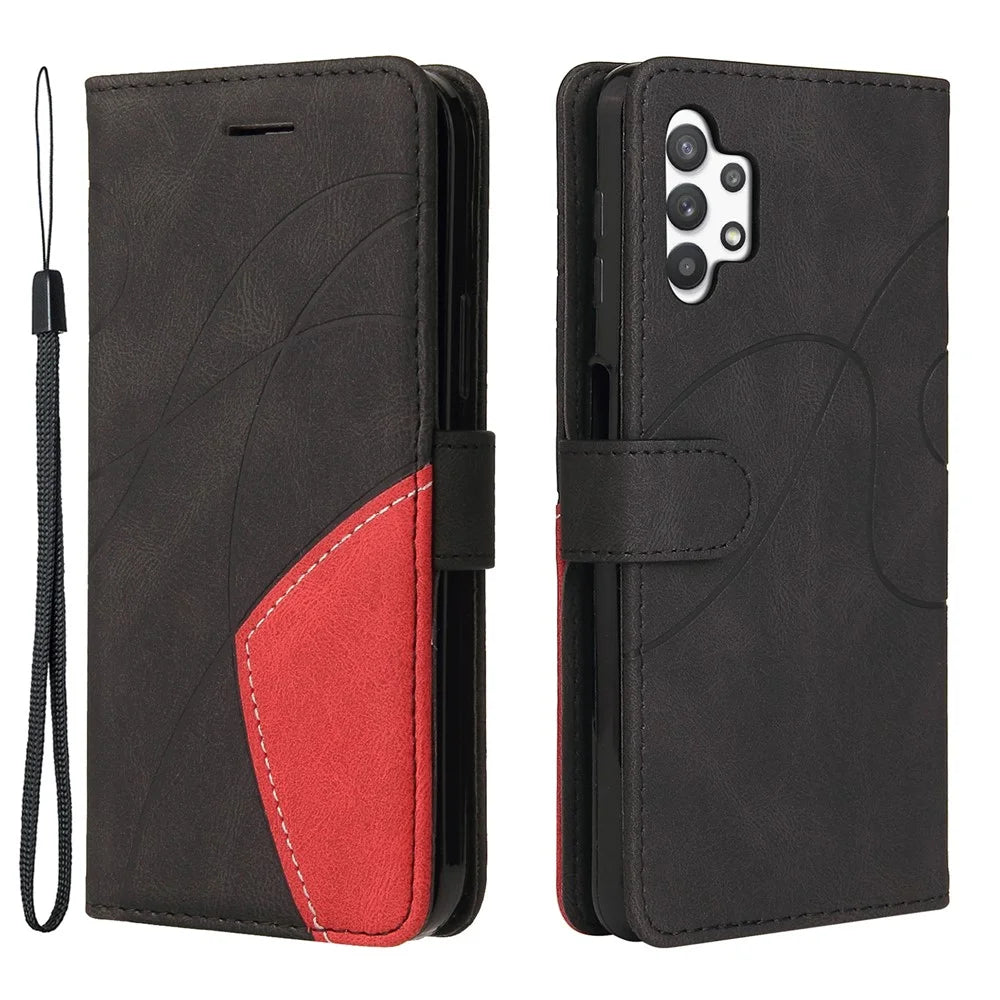 For Samsung Galaxy A32 5G / M32 5G Leather Case Wallet Stand Color Splicing Phone Cover - Black - 1