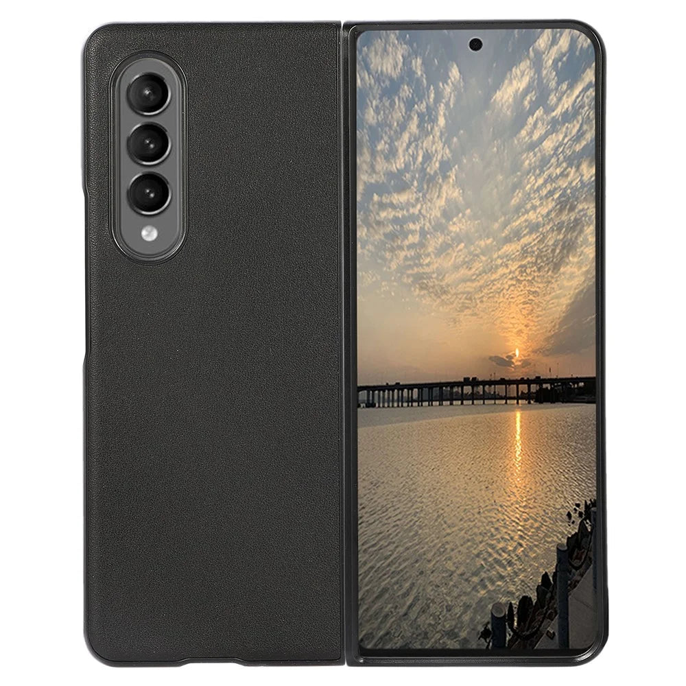 PC + Genuine Leather Back Phone Case Cover for Samsung Galaxy Z Fold3 5G Close-Fit 180-Degree Folding - Black - 1