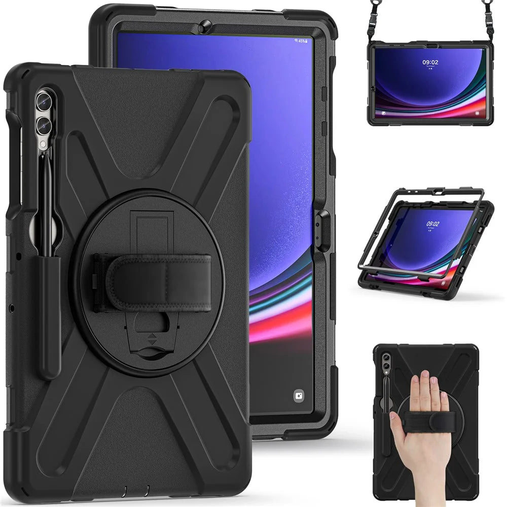 Case for Samsung Galaxy Tab S9 FE+ / S9+ / S8+ / S7+ / S7 FE T730 T735 T736B T736N Tablet Cover with Shoulder Strap - Black+Black - 3