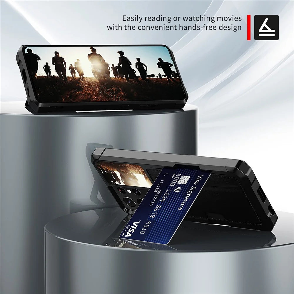 ZM02 Anti-Drop PU Leather Coated TPU Hybrid Case with Card Holder and Built-in Magnetic Sheet for Samsung Galaxy S21 Ultra 5G - Black - 3