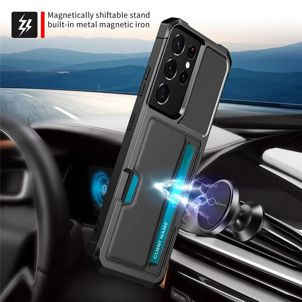 ZM02 Anti-Drop PU Leather Coated TPU Hybrid Case with Card Holder and Built-in Magnetic Sheet for Samsung Galaxy S21 Ultra 5G - Black - 6