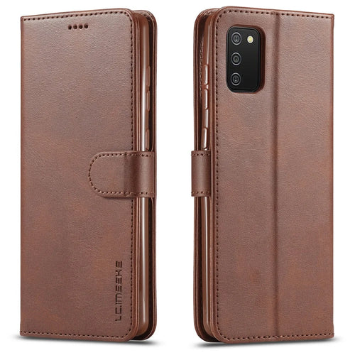 LC.IMEEKE Wallet Design Leather Phone Stand Case Protector for Samsung Galaxy A03s (166.5mm) - Coffee - 1