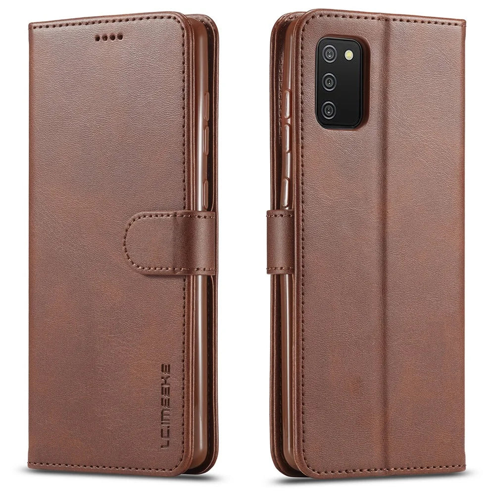 LC.IMEEKE Wallet Design Leather Phone Stand Case Protector for Samsung Galaxy A03s (166.5mm) - Coffee - 1
