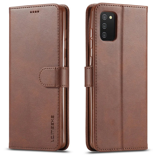 LC.IMEEKE Wallet Design Leather Phone Stand Case Protector for Samsung Galaxy A03s (166.5mm) - Coffee - 1