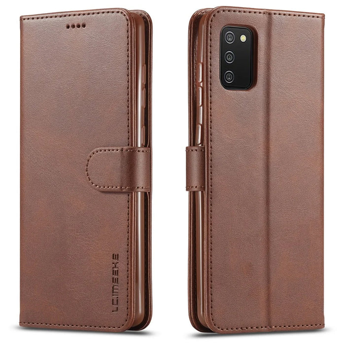 LC.IMEEKE Wallet Design Leather Phone Stand Case Protector for Samsung Galaxy A03s (166.5mm) - Coffee - 1