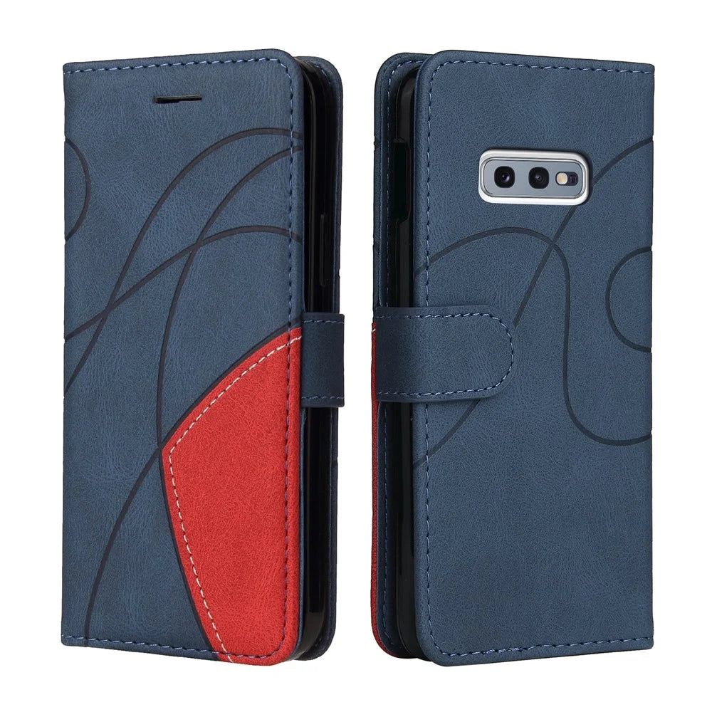 For Samsung Galaxy S10e Leather Case Wallet Stand Color Splicing Phone Cover - Blue - 1