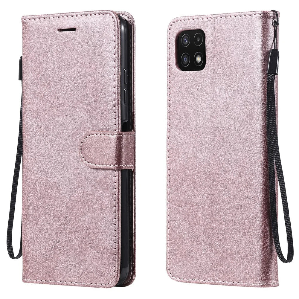 For Samsung Galaxy A22 5G (EU Version) Case Solid Color Leather Mobile Cover Wallet Stand with Strap - Rose Gold - 1