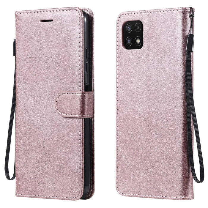 For Samsung Galaxy A22 5G (EU Version) Case Solid Color Leather Mobile Cover Wallet Stand with Strap - Rose Gold - 1
