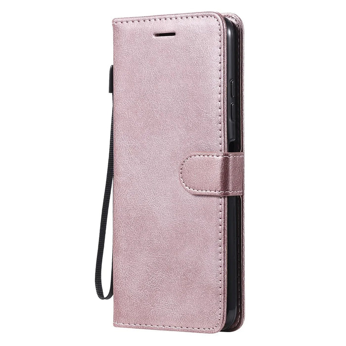 For Samsung Galaxy A22 5G (EU Version) Case Solid Color Leather Mobile Cover Wallet Stand with Strap - Rose Gold - 2