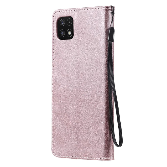 For Samsung Galaxy A22 5G (EU Version) Case Solid Color Leather Mobile Cover Wallet Stand with Strap - Rose Gold - 3