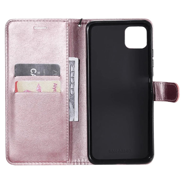 For Samsung Galaxy A22 5G (EU Version) Case Solid Color Leather Mobile Cover Wallet Stand with Strap - Rose Gold - 4