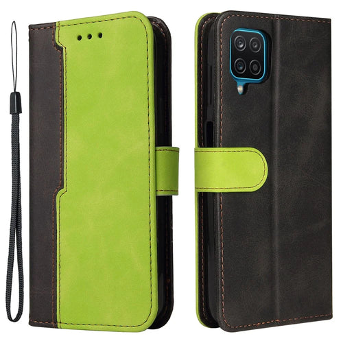 Bi-color Splicing Design PU Leather Wallet Stand Phone Case Protector with Wrist Strap for Samsung Galaxy A12/M12/F12 - Green - 1