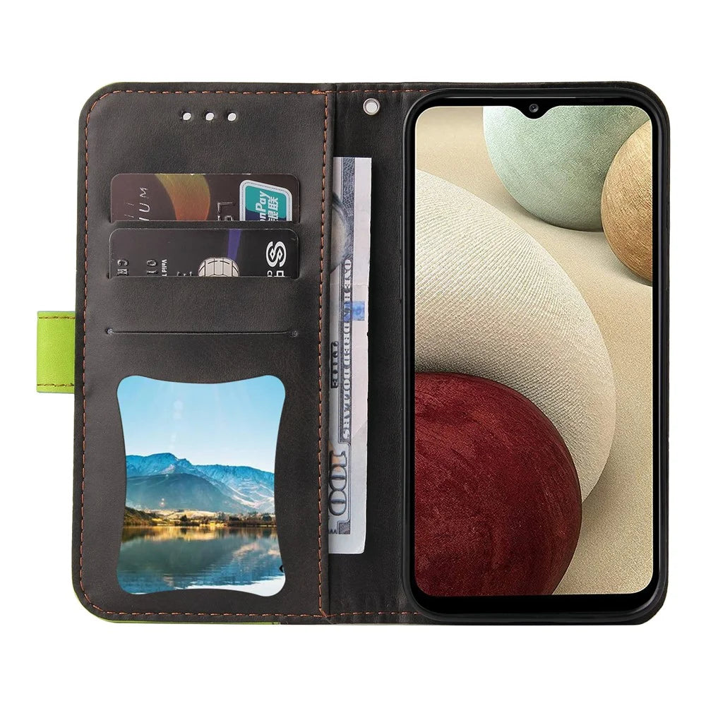 Bi-color Splicing Design PU Leather Wallet Stand Phone Case Protector with Wrist Strap for Samsung Galaxy A12/M12/F12 - Green - 5