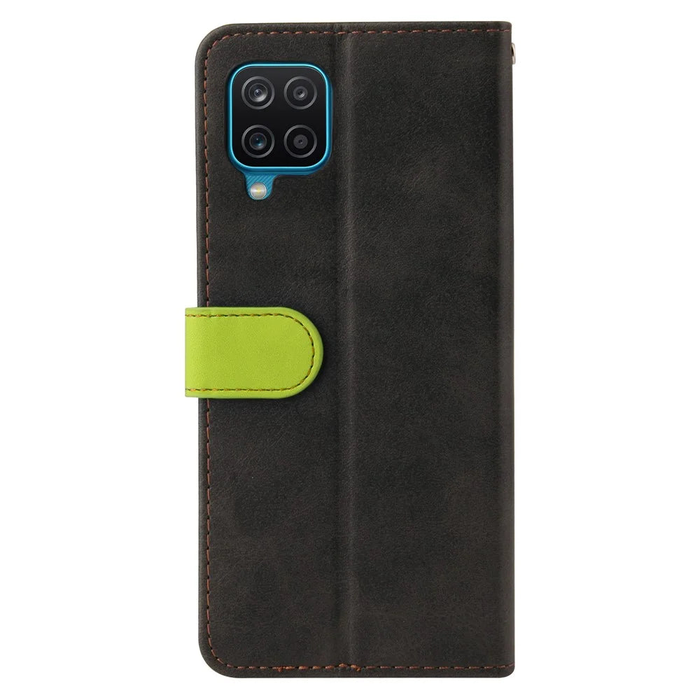 Bi-color Splicing Design PU Leather Wallet Stand Phone Case Protector with Wrist Strap for Samsung Galaxy A12/M12/F12 - Green - 6