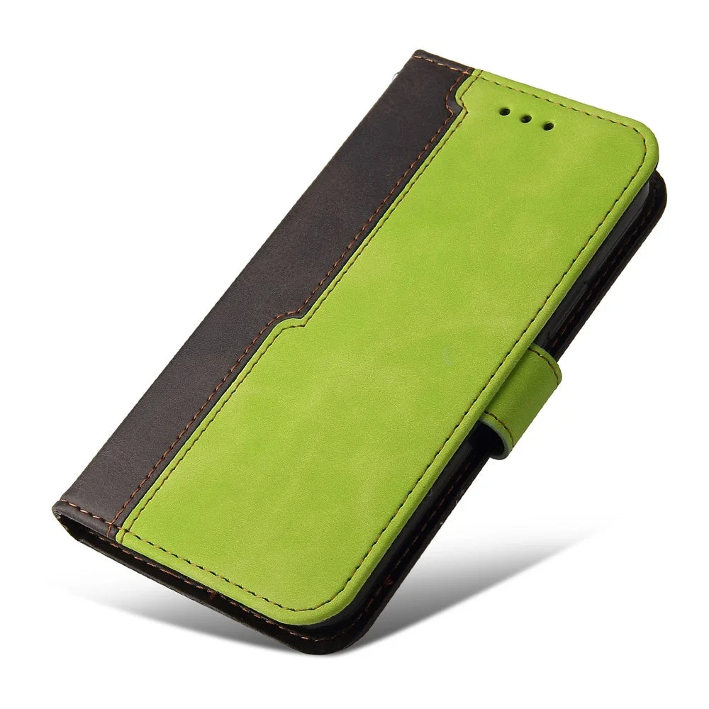 Bi-color Splicing Design PU Leather Wallet Stand Phone Case Protector with Wrist Strap for Samsung Galaxy A12/M12/F12 - Green - 7