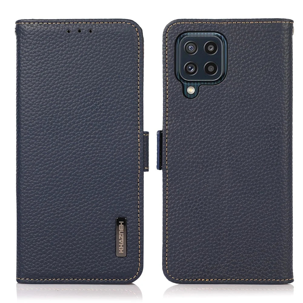 KHAZNEH RFID Blocking Design Litchi Texture Genuine Leather Wallet Case Stand Cover for Samsung Galaxy M32 (Global Version) - Dark Blue - 1