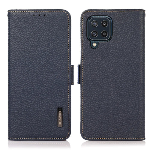 KHAZNEH RFID Blocking Design Litchi Texture Genuine Leather Wallet Case Stand Cover for Samsung Galaxy M32 (Global Version) - Dark Blue - 1
