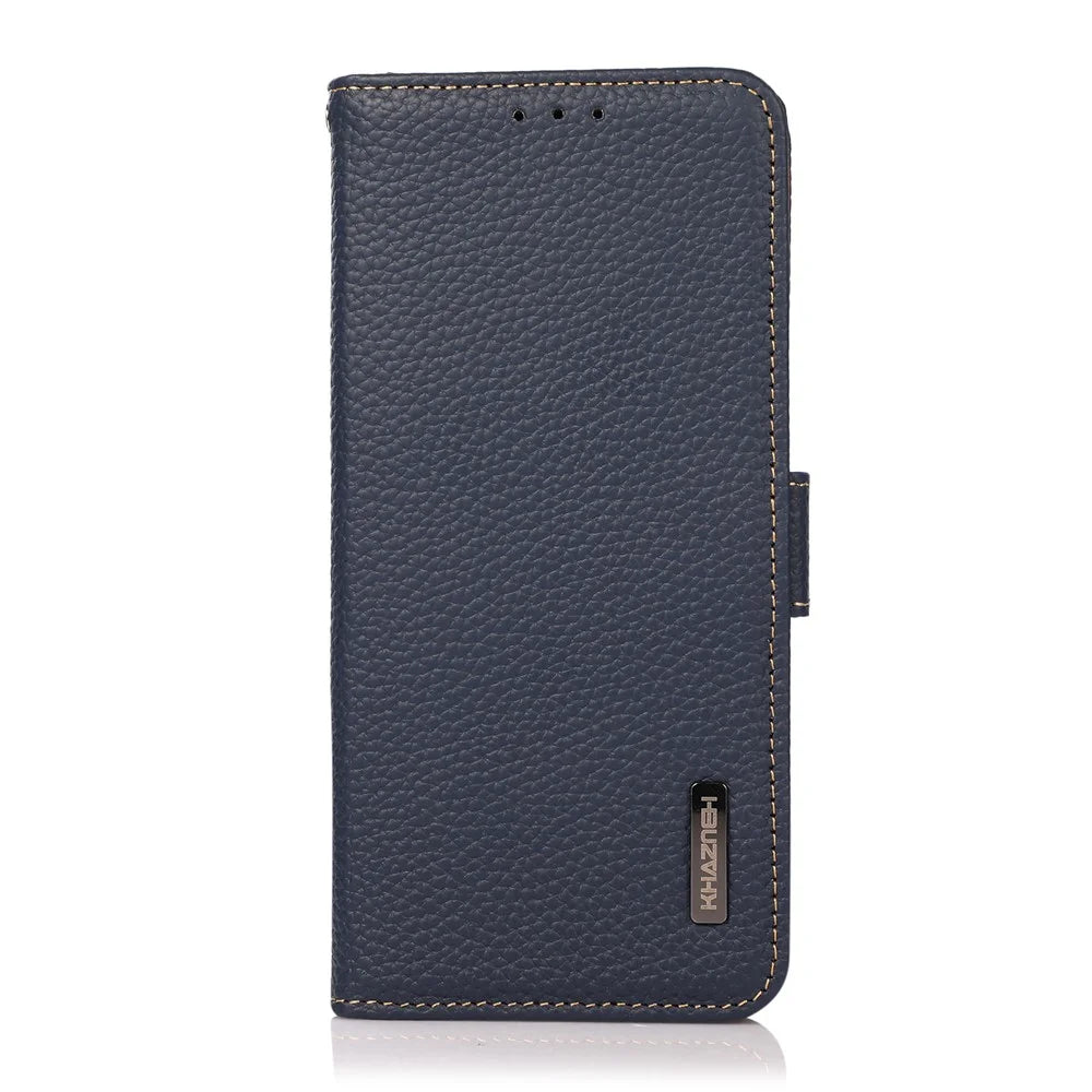KHAZNEH RFID Blocking Design Litchi Texture Genuine Leather Wallet Case Stand Cover for Samsung Galaxy M32 (Global Version) - Dark Blue - 2