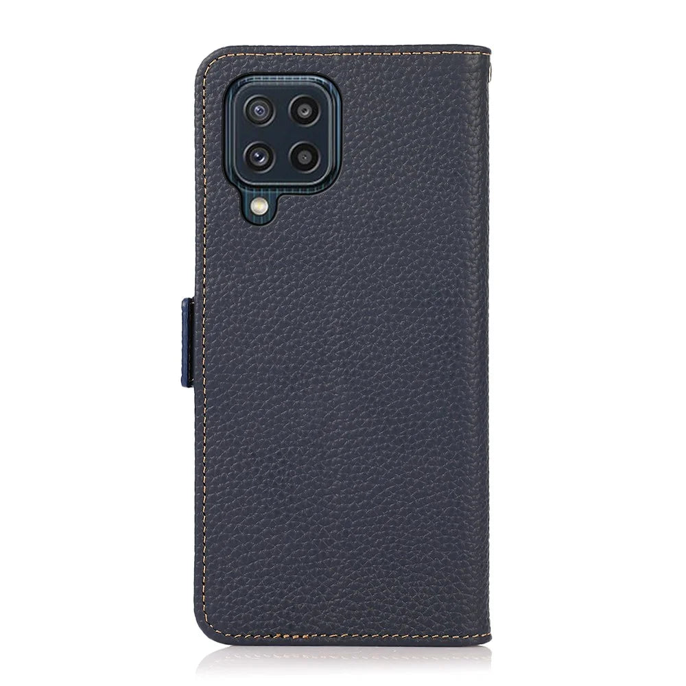 KHAZNEH RFID Blocking Design Litchi Texture Genuine Leather Wallet Case Stand Cover for Samsung Galaxy M32 (Global Version) - Dark Blue - 3
