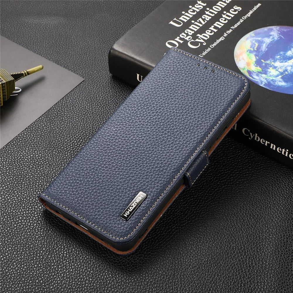 KHAZNEH RFID Blocking Design Litchi Texture Genuine Leather Wallet Case Stand Cover for Samsung Galaxy M32 (Global Version) - Dark Blue - 6