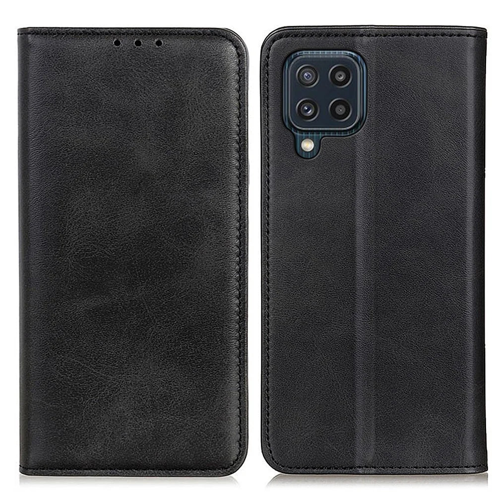 Auto-absorbed Split Leather Magnetic Wallet Phone Stand Shell Case for Samsung Galaxy M32 (Global Version) - Black - 1