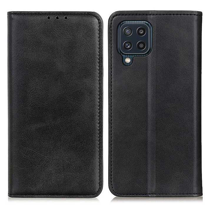 Auto-absorbed Split Leather Magnetic Wallet Phone Stand Shell Case for Samsung Galaxy M32 (Global Version) - Black - 1