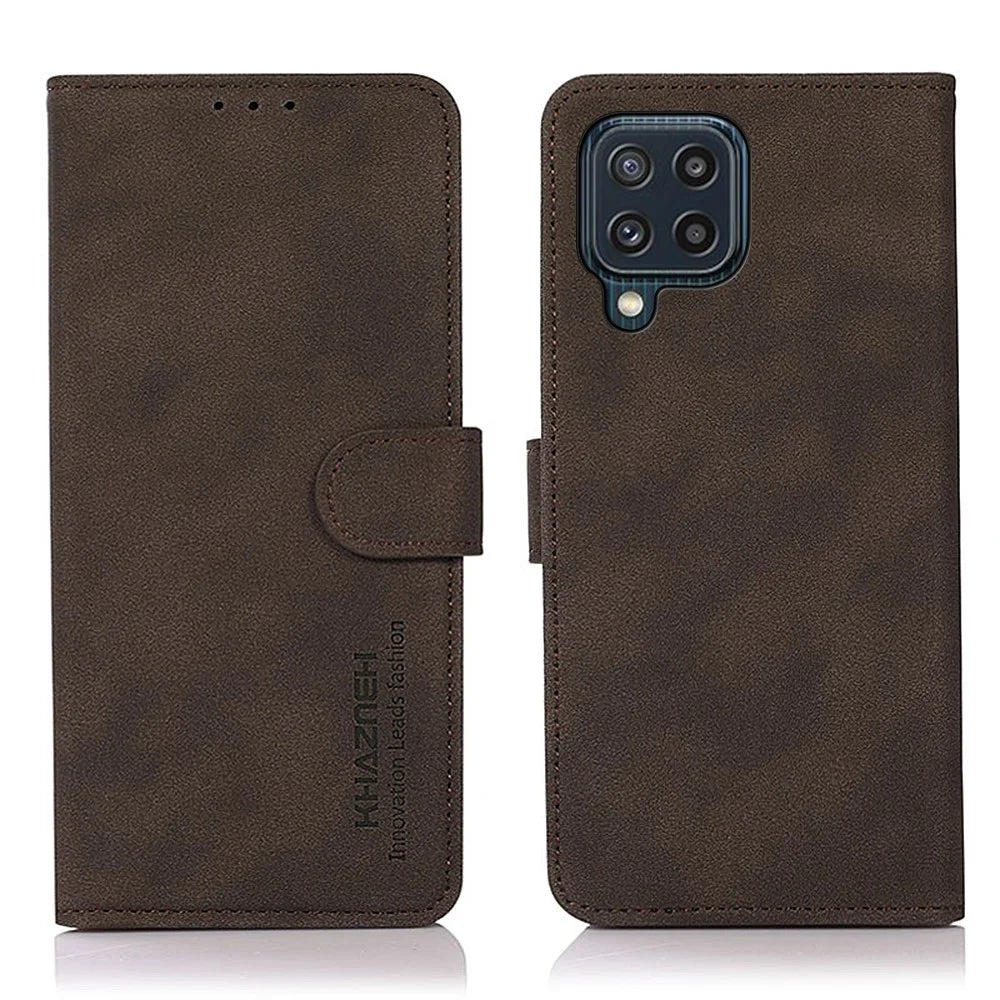 KHAZNEH Drop-proof PU Leather Phone Wallet Cover Case with Stand for Samsung Galaxy M32 (Global Version) - Brown - 1