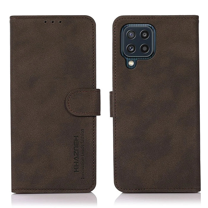 KHAZNEH Drop-proof PU Leather Phone Wallet Cover Case with Stand for Samsung Galaxy M32 (Global Version) - Brown - 1