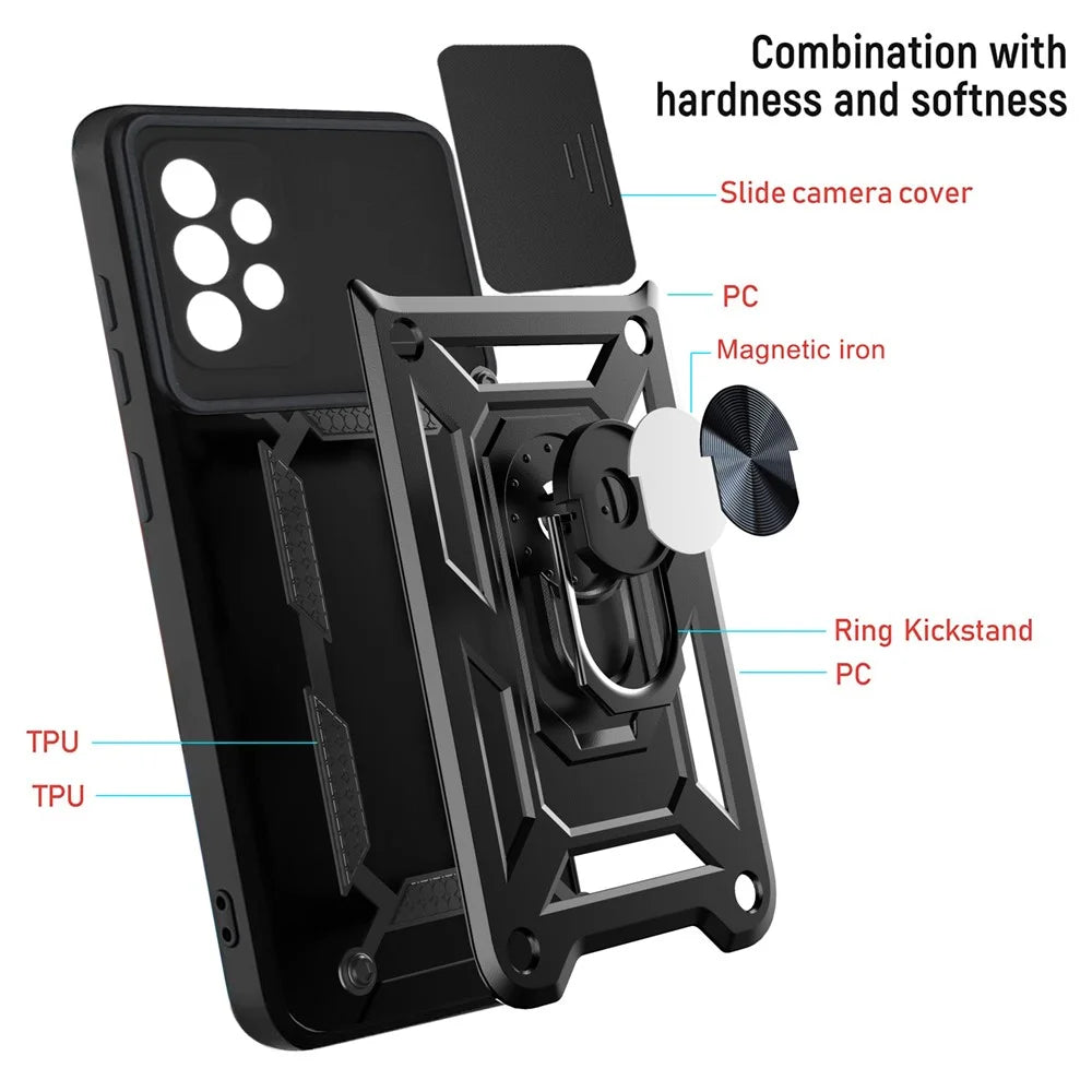 Camera Slide Drop-resistant Phone Case Cover with Kickstand for Samsung Galaxy A52 4G/5G / A52s 5G - Black - 7