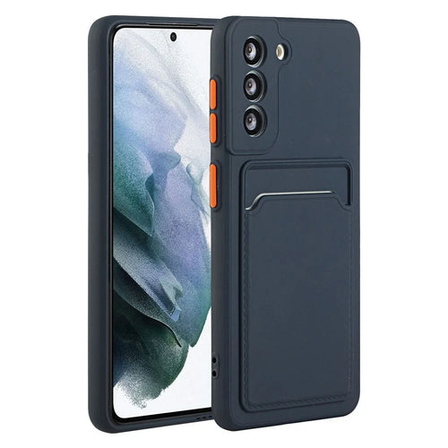 Drop-Proof Card Holder Design Flexible TPU Phone Case Cover for Samsung Galaxy S21 FE - Dark Blue - 1